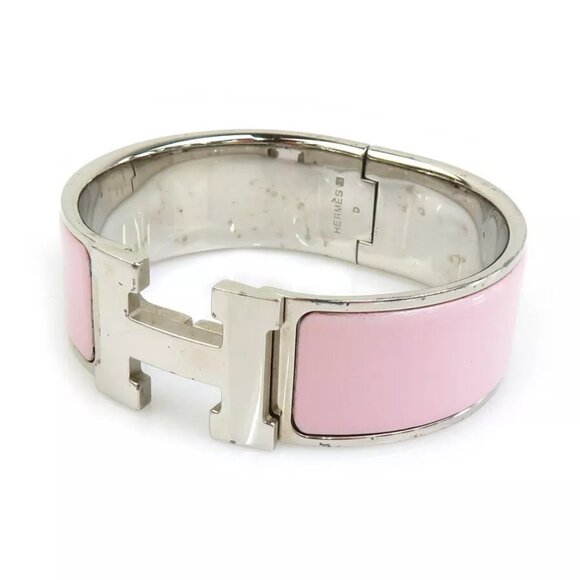 Auth HERMES Clic Clac H Bangle Bracelet Silver/Light Pink Metal/Enamel - Picture 3 of 8